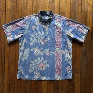 Vintage 90s Reyn Spooner Reverse Print Hawaiian Button Shirt Men L Blue‎ Floral